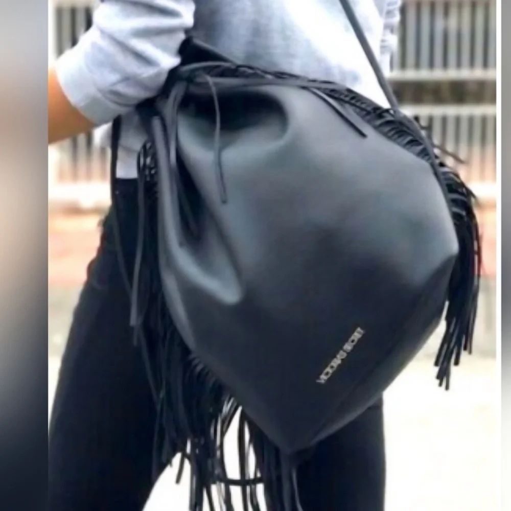 Victoria's Secret Black faux leather boho fringe bag backpack drawstring tote - Picture 6 of 13